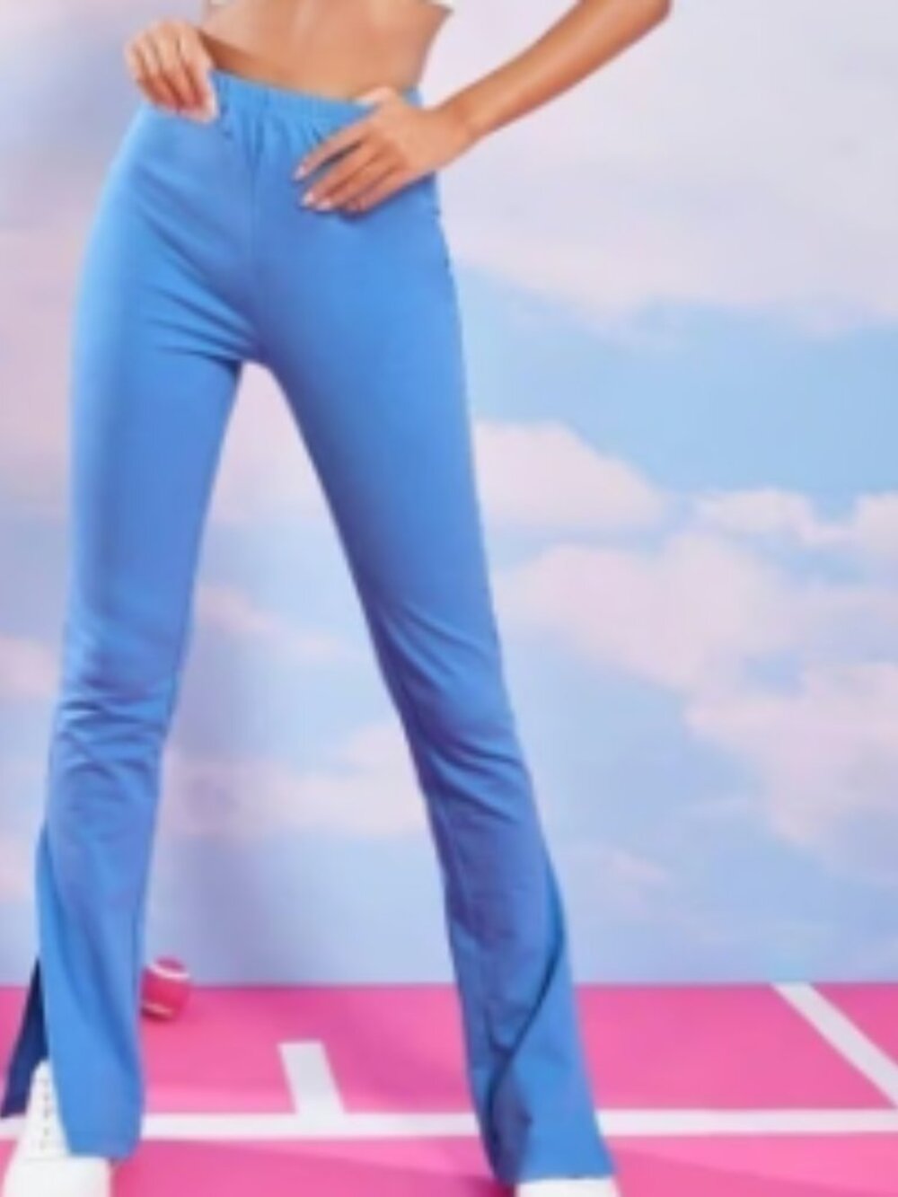 Split Hem Solid Blue Pants